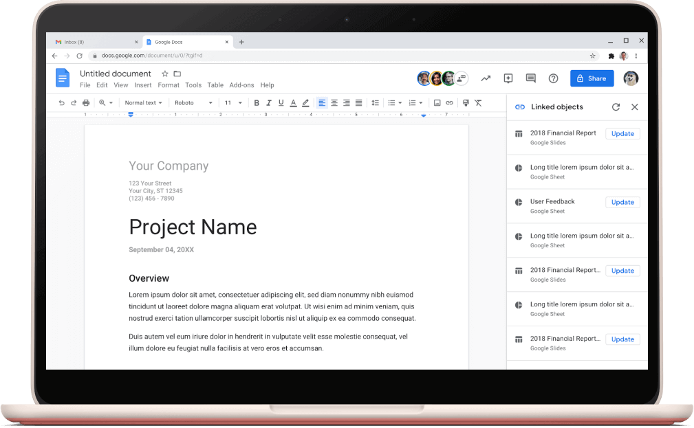 Google Docs screen showing a project template open.