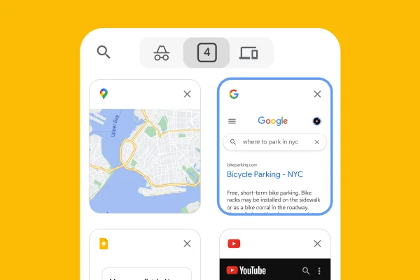 A mobile browser loads tabs from a desktop browser, including Google Maps and NYC parking info.